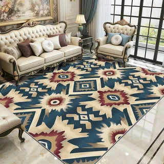 TerroVee Azteken Teppich Waschbar, Südwestlich Ethnisch Geometrisch Teppich 80x150 cm, Bohemian Vintage rutschfest Waschbar Pflegeleicht Teppiche Für Schlafzimmer Küche, Petrol Beige Rot