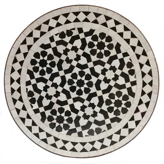 Casa Moro Gartentisch Mosaik Beistelltisch Ø 45cm schwarz weiß glasiert mit Schmiedeeisen Gestell H 50cm, Boho Couchtisch marokkanischer Mosaiktisch Bistrotisch aus Marokko, MT2240, Kunsthandwerk aus Marokko
