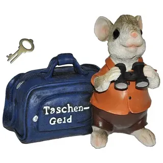 alles-meine.de GmbH Spardose Maus mit Tasche Taschengeld - mit Schlüssel - stabile Sparbüchse aus Kunstharz - Reisen Geld Sparschwein Reisekoffer Urlaubskasse Kofferkasse