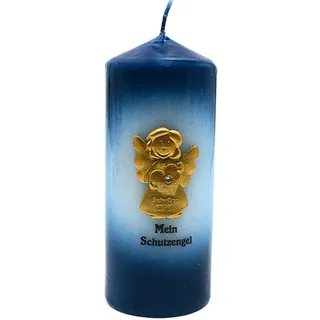 Dekohelden24 Schutzengelkerze, Stumpenkerze, Tischkerze, Dekokerze, Zierkerze, Taufkerze, Formkerze mit goldenem Schutzengel und Aufschrift Mein Schutzengel, in Blau, H/Ø: 15 x 6 cm.
