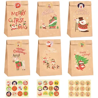CHEPULA Geschenktüten Weihnachten, Adventskalender zum Befüllen, 24 Stück Klein Weihnachtstüten, Braun Papiertüten Xmas mit 48 Aufkleber, Kraft Papier Geschenk Tüten für Weihnachten Party