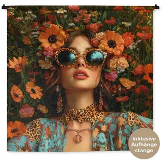 MuchoWow Wandteppich Frauen - Blumen - Modern - Brille - Abstrakt, Quadratisch, Höhe: 3 mm, Wand Teppich Wohnzimmer, Schlafzimmer, 150x150 cm bunt Quadratisch | 150 cm x 150 cm x 3 mm