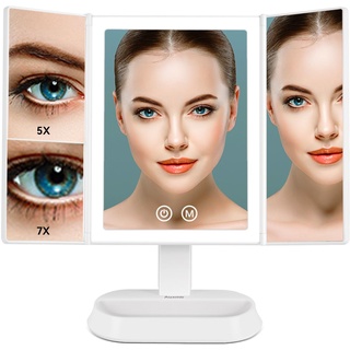 Auxmir Kosmetikspiegel mit LED Licht und 5X/ 7X-Vergrößerungsspiegel, Schminkspiegel Beleuchtet für Schminken Rasieren und Tragen der Kontaktlinsen, 3 Lichtfarben und Dimmbare Heilligkeit, Weiß