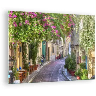 Bilder auf Glas Straße dekoration blumen griechenland Glasbild 70x50cm Wandbilder Dekoration Wohnzimmer Schlafzimmer Küche Deko Klein Wanddeko Bild im Glas Wand Kunstdruck Art Modern GAA70x50-2429