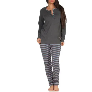 Normann Pyjama Damen Pyjama Kuschelinterlock mit süssen Faultier Tiermotiv grau 44/46