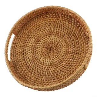 Rattan Serviertablett, Handgefertigtes Rattan-Serviertablett mit integrierten Griffen, multifunktionales Aufbewahrungstablett für Küche, Wohnzimmer oder Teezimmer(25x25x4.5cm)
