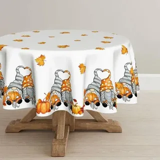 Tischdecke Herbst Ahornblätter Kürbisse Fleckschutz Rund 120 cm Weiß