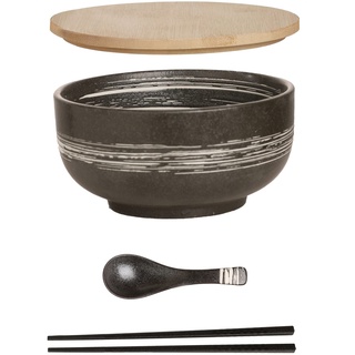 Ramen Schüssel Keramik Set mit Löffel Essstäbchen,1100 ML Großer Suppenschüssel,Salatschüsseln Für Suppe, Pho und Sushi Bowl (Grau Schale Set)