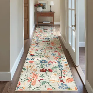 HUGEAR Läufer Flur Teppich 80x400cm Beige Waschbar Teppichläufer Runner | Blumen Blumenmuster Läufer Teppiche,Waschbar Rutschfest,Weich,Boho Neutral Modern,für Schlafzimmer,Küche