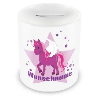 Samunshi® Kinder Spardose mit Namen und Lila Einhorn als Motiv für Kinder - Jungen und Mädchen Sparschwein 330ml weiß