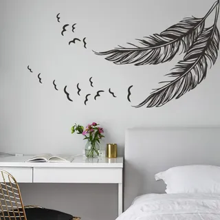 Wandtattoo Feder Kunst Wandaufkleber Schwarz Gefiederter Vogel Babyzimmer Kinderzimmer Schlafzimmer Büro Wohnzimmer Wanddeko