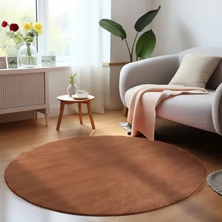HomebyHome Runder Teppich 200 cm Rund Braun Waschbarer Kurzflor Teppiche Einfarbig Moderne Design - Küchenteppich Waschbar rutschfest Extra Weich Flauschiger Teppiche für Schlafzimmer Kinderzimmer