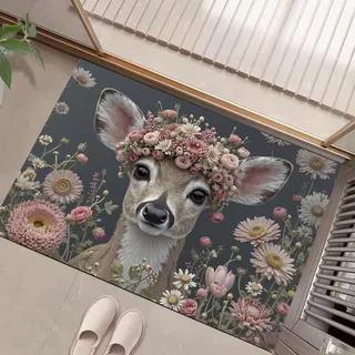 MLSOWM Schmutzfangmatte Innen 50x80 cm, rutschfeste Maschinenwaschbare Fußmatte Landhausstil Sauberlaufmatte Weißwedelhirsch Mit Girlande Eingangstürmatte für Eingang, Haustür & Flur, Grau