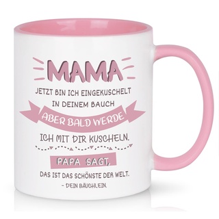 Kaffeetasse Schwangerschaft Geschenke für Mutter einzigartig Geschenkidee für Schwangere, schöner Spruch Geschenk werdende Mutter Kaffeetasse - Mama jetzt bin Ich eingekuschelt in deinem Bauch, rosa