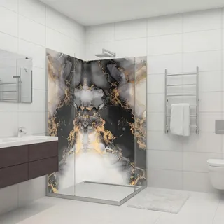 dedeco Eck-Duschrückwände Aluminium wasserfest Motiv: Marmor V13, Nano-Protect seidenmatt, 2 x 100x200x0,3cm, Fliesenersatz fugenlos Wandverkleid...