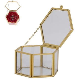 QQEE Transparente goldene Glasschmuckschatulle, Schmuckkästchen aus Glas, Ehering Box aus Glas, Geometrische Glasbox, Sechseckiges Schmuckkästchen, für Ohrringe, Halsketten, Ringe, Schmuck