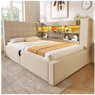 MODFU Polsterbett Funktionsbett mit hydraulischem Stauraum & USB-C (Struraumbett, Funktionsbett, 2-tlg., Bezug in Leinen für eine angenehme Atmosphäre,90x200cm), L-Kopfteil mit LED, beidseitig montierbar(mit 1 Matratze) beige 108 cm x 213 cm x 86 cm