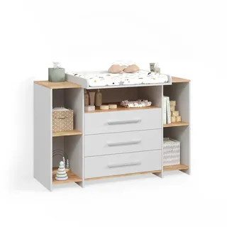 livinity® Wickelkommode, Torino Weiß/Goldkraft Eiche mit 3 Schubladen