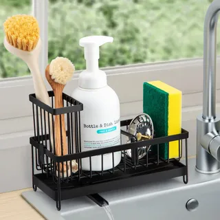 Sinnsally Spülbecken Organizer Küchen,Sink Caddy Kitchen Organizer Schwammhalter Spülorganizer Edelstahl Spülmittel Halterung Küchenorganisation Spüle Spülutensilien Aufbewahrung(1 Stufige-Schwarz