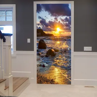 A.Monamour Türtapete Selbstklebend Türfolie Türposter 3D Ozean Meer Strand Sonnenuntergang Bewölkter Stein Felsen Wasser Wellen Vinyl Folie Türdeko Tapete Wandbild Türaufkleber Türtattoo 90 x 200 cm