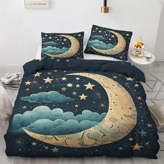 GEDAEUBA Sommer Bettwäsche 135x200 Mond Sterne - Sternenhimmel Bettbezug 135 x 200 2er Set, Wendebettwäsche und Kissenbezug 80x80, Weiche & Atmungsaktive Mikrofaser Bettwäsche-Sets mit Reißverschluss