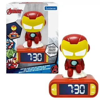 Lexibook, Marvel Iron Man Nachtlichtwecker, Sounds und Melodien, hintergrundbeleuchteter LCD-Bildschirm, Leuchtend, Snooze, Rot, klein