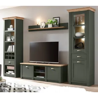 furn.design WOHNWAND grün, Wotan Eiche Landhaus, Wohnkombination 4-teilig 308 cm