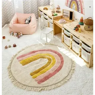 Herfair Teppich Rund, Regenbogen Kinderteppich Mädchen Weiche Boho Kinderzimmerteppich Babymatte rutschfest für Schlafzimmer Kinderzimmer (Rosa,80cm)