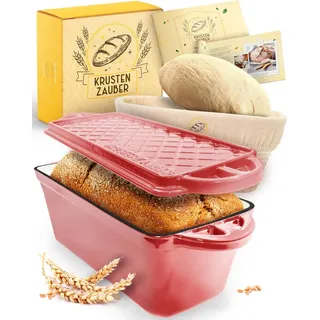 KRUSTENZAUBER Emaille Brotbackfrom mit Deckel inkl. Gärkorb - Robuste 28cm Backform aus Gusseisen - Ideal als Kastenform, Toastbrot Backform, Brot... - Rosa