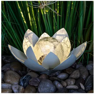 Spetebo LED Solarleuchte LED Solar Lotusblüte mit Crackleglas Kugel - 25 x 11 cm, LED, warm weiß, Garten Deko Kugelleuchte