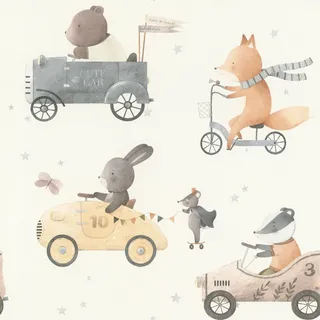 Rasch Tapete 301878 - Vliestapete mit Tieren in Rennautos, Kindertapete Seifenkistenrennen in Aquarelloptik - Kollektion Kids World