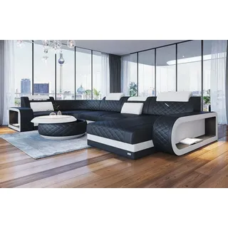 Sofa Dreams Wohnlandschaft Berlin U Form Mini Leder, Designersof, 6-Sitzer, LED-Beleuchtung, Couch, Kopfstützen, USB-Anschluss, Ottomane schwarz