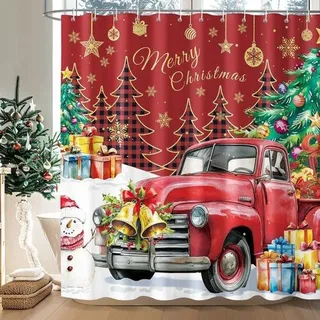 Famanu Duschvorhang Weihnachtsmotiv 180 × 180 cm – Rot mit Lkw, Schneemann und Weihnachtsbaum