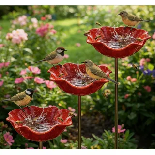 3STK Gartenstecker Vogeltränke Blumenform, 65CM Metall Blumen Bienentränke für den Garten, 2026 Handgefertigte Garten Insektentränke auf Stab, Kreative Rote Blumen Vogelbad für Gartendeko Draußen