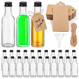 Vegena Mini Fläschchen Kunststoff Likörflaschen, 24 Stück 50ml Kleine Likörflaschen zum Befüllen, Wiederverwendbare Leere Kleine Schnapsflaschen mit Schraubdeckel, Juteschnur, Anhängern & Trichter