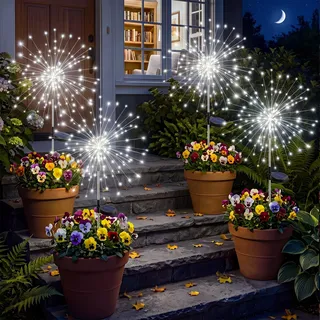 btfarm Solarlampen für außen, 4 Stück 120 LED Solarstecker Garten 8 Modi | Wetterfest Gartendeko Pusteblume Solarleuchten für Außen Garten Balkon Terrasse Blumenkästen Hof Deko (Kaltweiß)