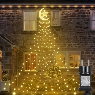 LED Weihnachtsbaum Lichterkette Außen Innen mit Mond und Stern, Weihnachtsbeleuchtung mit 350 LEDs 8 modi Timer, Warmweiß Christbaumbeleuchtung m...