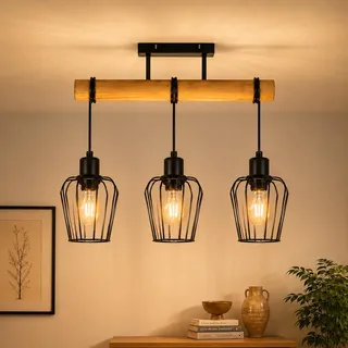 ZMH Deckenleuchte Wohnzimmer Vintage Deckenlampe Holz: Wohnzimmerlampe Decke Schwarz 3 flammig im Industrial Design E27 Küchenlampe aus Metall für Küche Esszimmer Restaurant - ohne Leuchtmittel