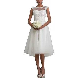 Hochzeitskleider Kurz A-Linie Damen Brautmode Vintage Brautkleider Standesamt Ärmellos Weiß 40 - 40