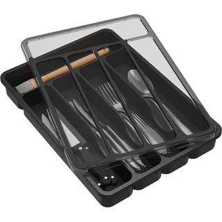 Lifewit Besteckkasten mit Deckel, Besteckaufbewahrung für Küchenschublade und Arbeitsplatte, Besteckkasten aus Kunststoff für Löffel, Gabeln, Messer, Einsatz, 5 Fächer, 23,5 x 32 cm, Schwarz