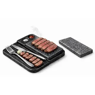 Heißer Stein Grill Set aus Speckstein & Granit – Hot Stone Steak, Steakbrett mit Ersatzstein, Servierplatte für Fleisch und Fisch