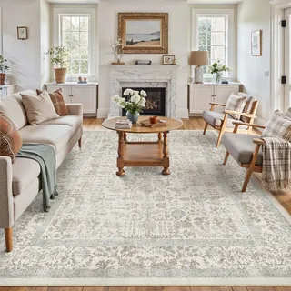 HUGEAR Taupe Vintage Teppich Wohnzimmer 240x300cm Waschbar | Waschbarer Retro Teppich,Weich,Rutschfest Kurzflor,Groß,für Wohnzimmer,Schlafzimmer, Esszimmer,Büro,Carpet,Teppiche