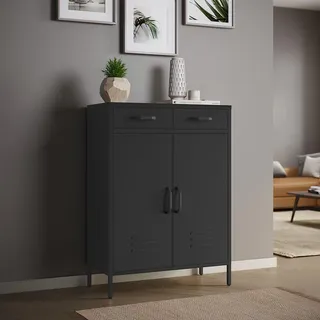 skølm Atria Metall Kommode – Sideboard in Schwarz – Metallschrank mit 2 Fächern & 2 Schubladen – Mehrzweckschrank – Industrial Highboard – Aufbewahrungsschrank/Flurschrank – Flexible Einlegeböden