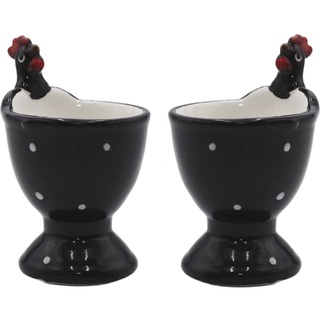 Dekohelden24 Keramik Eierbecher/Eierhalter/Eierschale als Huhn im 2er Set, schwarz mit weißen Punkten, Größe H/Ø: ca. 9 x 5,5 cm, schwarzweiß