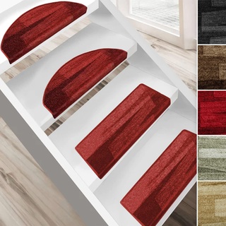 Floordirekt Stufenmatten Via Veneto mit Pinselstrich Design 15 Stück Treppen-Teppich | 65 x 23,5cm, halbrund, sauber eingekettelt, Starke Befestigung, stabile Winkelschiene/Farbe Rot