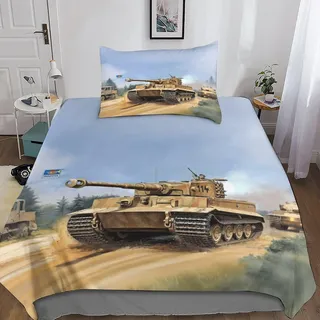 DAFUfbw WW2 Panther Panzer Bettwäsche Set Single(135x200cm), Tiger I Bettbezug Mit Kissenbezüge: 80 X 80cm, 3D Tiger I Muster Bed Sets