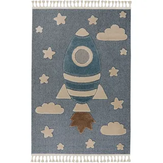 Kayoom Kinderteppich KAYOOM "Modena 416", blau, B:120cm H:11mm L:170cm, Polypropylen, Teppiche, Kinderteppich, auch in rund, Kurzflor, Hoch Tief, mit Fransen
