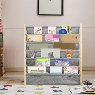 VIIROUD Bücherregal für Kinder, Regal mit 6 Ebenen für Bücher, Schulbedarf für Kinderzimmer, Kindertagesstätte, Kindergarten, mehrfarbig, 75 x 30 x 76 cm, Leinengrau, 1 Stück