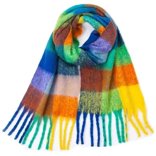 Damen Regenbogen Kariert Quadratisch Deckenschal Kaschmir Gefühl Schal Langer Schal mit Fransen Schal Pashmina Schals Tücher Quasten Stola Scarf Winterschal Herbstschal Warmer (Green, One Size)