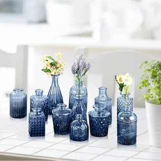 Liuyoyo 12-teilige Glasvase, Kleine Vase, Geprägte Farbe, Heim- und Wohnzimmerdekoration, Mini-Glasknospenvase, Klare Blumenvase für Regal- und Tischaufsätze, Wohnzimmer-, Schlafzimmer-,(Blau)
